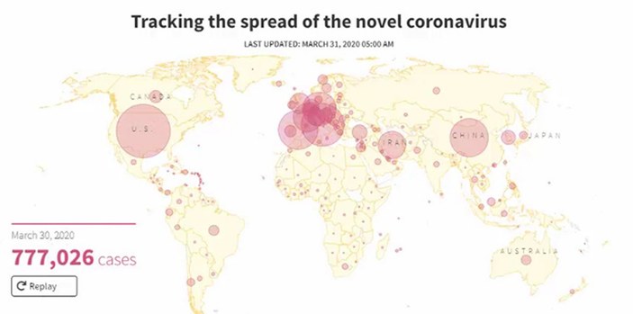 Koronavirüsün yayılımını gösteren harita