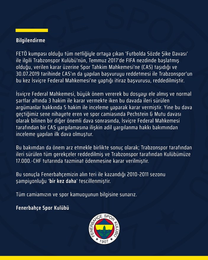 Fenerbahçe: Trabzonspor bize tazminat ödeyecek