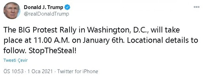 Trump, 6 Ocak’ta büyük protesto mitingi mesajı verdi