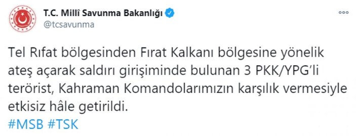 Fırat Kalkanı bölgesinde 3 PKK/YPG'li terörist etkisiz hale getirildi