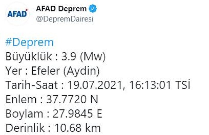 Aydın’da 3.9 büyüklüğünde deprem