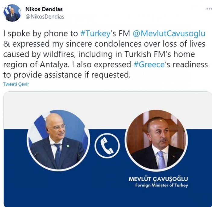Nikos Dendias'tan Mevlüt Çavuşoğlu'na geçmiş olsun telefonu