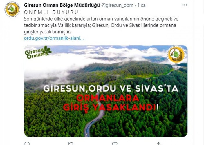 Giresun, Ordu ve Sivas’ta ormanlık alanlara girişler yasaklandı