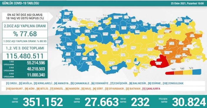 25 Ekim Türkiye'nin koronavirüs tablosu