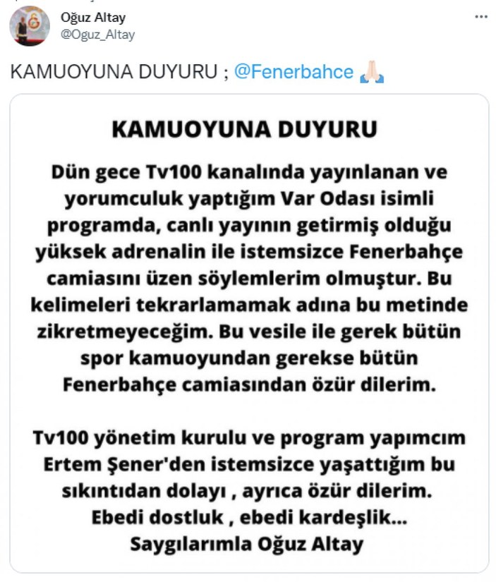 Oğuz Altay, Fenerbahçelilerden özür diledi
