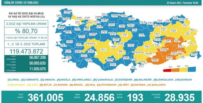 22 Kasım Türkiye'de koronavirüs tablosu