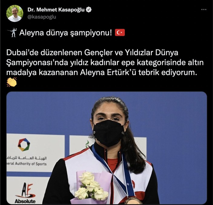Mehmet Muharrem Kasapoğlu, Dünya Şampiyonu Aleyna Ertürk’ü tebrik etti