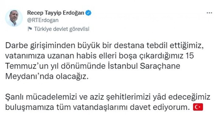 Cumhurbaşkanı Erdoğan'dan 15 Temmuz daveti