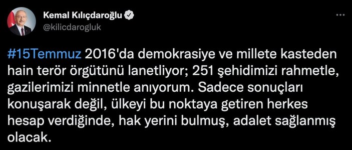 Kemal Kılıçdaroğlu'ndan 15 Temmuz paylaşımı