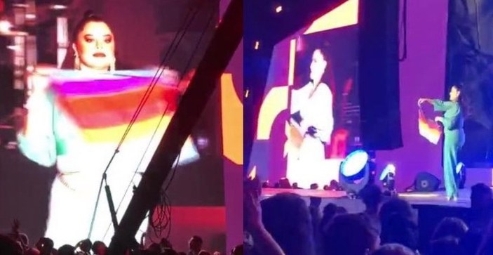 Şarkıcı Reyhan Karaca sahnede LGBT bayrağı açtı