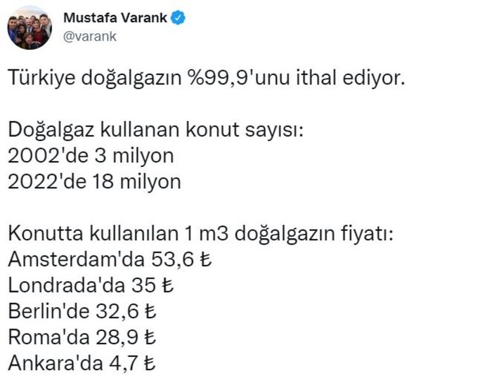 Mustafa Varank, Avrupa'da doğalgazın maliyetini dolarla paylaştı