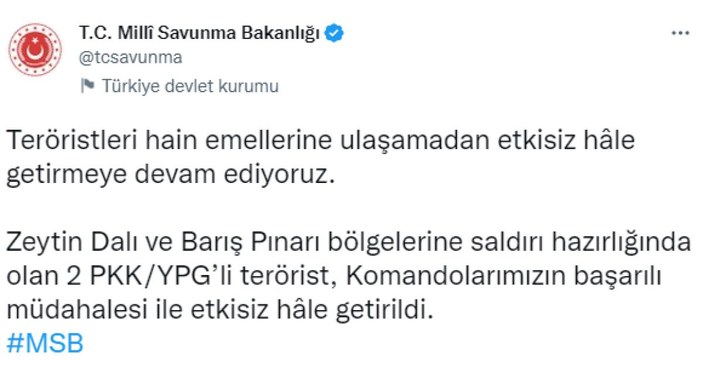 Zeytin Dalı ve Barış Pınarı bölgelerinde 2 terörist öldürüldü