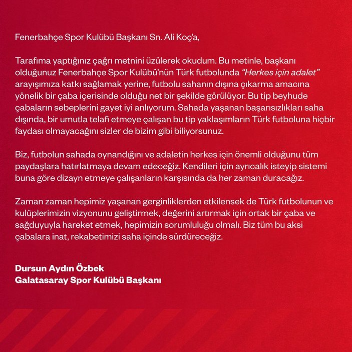 Ali Koç'tan Dursun Özbek'e tarihi çağrı