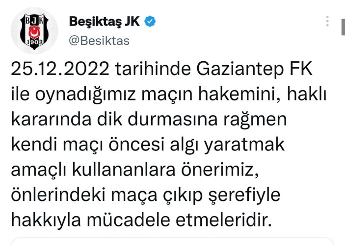 Beşiktaş'tan Fenerbahçe'ye hakem göndermesi
