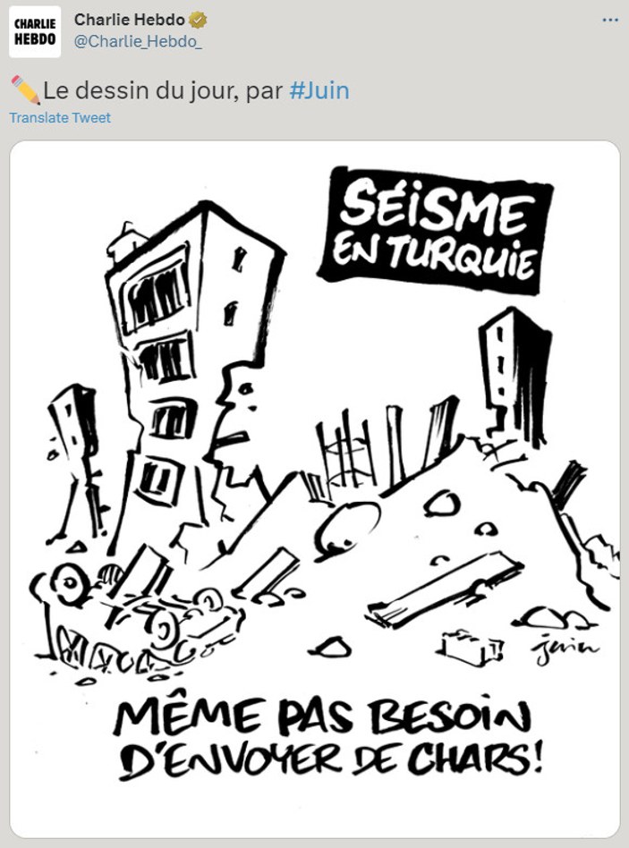 Charlie Hebdo'dan, Türkiye'deki depremler için provokatif çizim