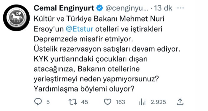 Cemal Enginyurt, Kültür ve Turizm Bakanı Mehmet Nuri Ersoy'u hedef aldı