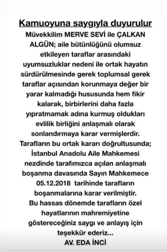 Merve Sevi ile Çalkan Algün boşandı