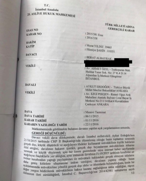 Berat Albayrak CHP'li Erdoğdu'ya açtığı davayı kazandı