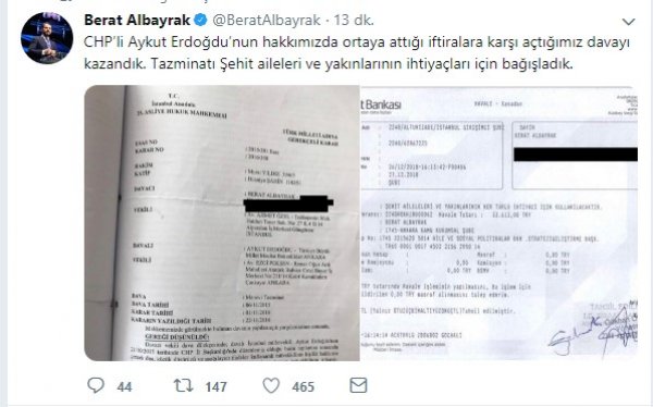 Berat Albayrak CHP'li Erdoğdu'ya açtığı davayı kazandı