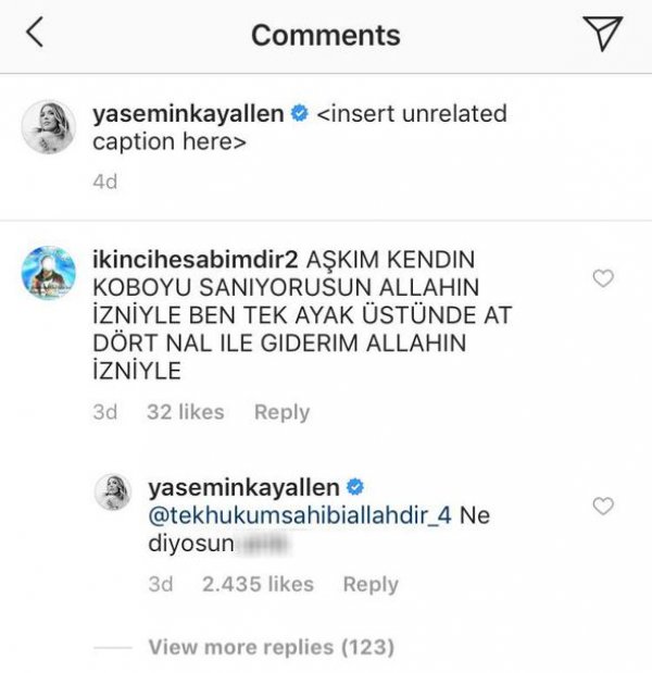 Yasemin Kay Allen takipçisine küfür etti