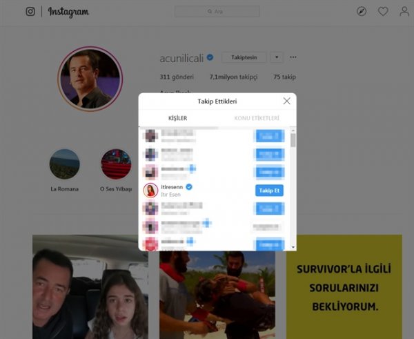 Acun Ilıcalı, Itır Esen'i Instagram'dan takip etti