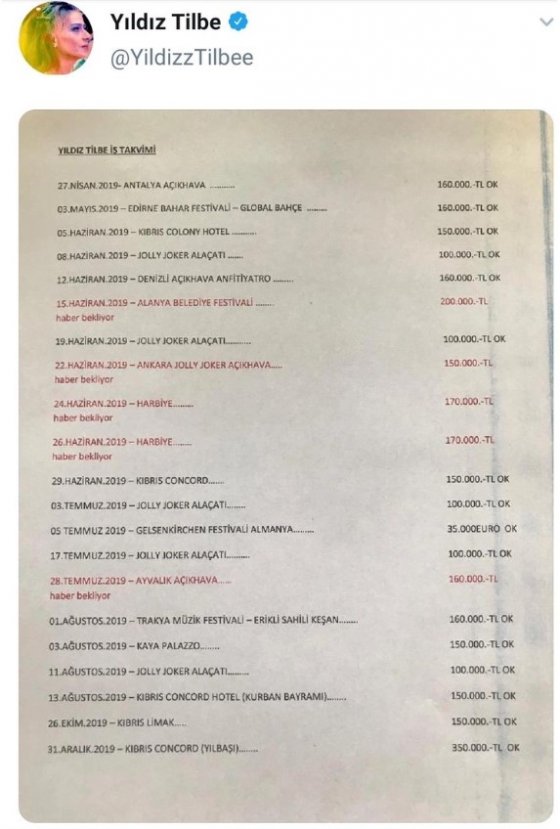 Yıldız Tilbe yanlışlıkla iş takvimi paylaştı