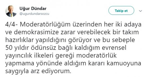 Uğur Dündar'ın moderatörlükten vazgeçme sebebi