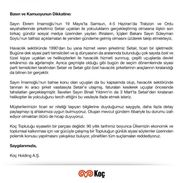 Koç Holding'den 'özel uçak' tartışmalarına açıklama