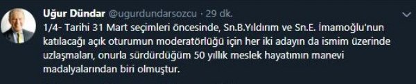 Uğur Dündar adayların moderatörlüğünden vazgeçti