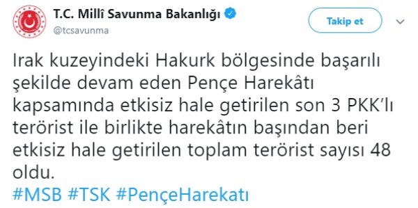Pençe Harekatı'nda 3 terörist daha etkisiz hale getirildi