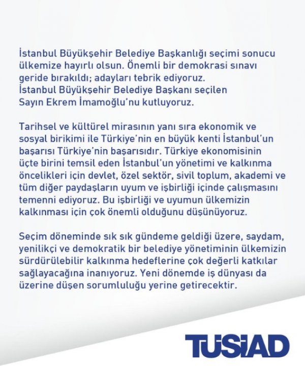 TÜSİAD İmamoğlu'nu kutladı