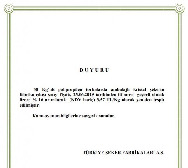 Şekere yüzde 16 zam