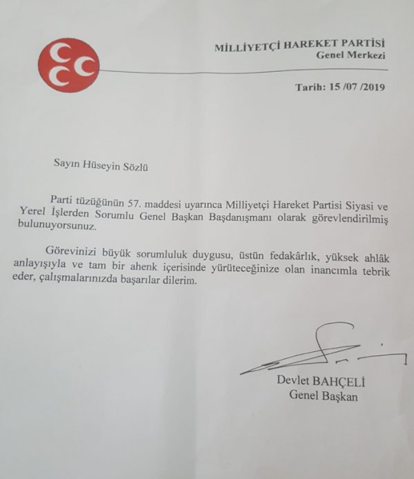 MHP'de Hüseyin Sözlü'ye yeni görev