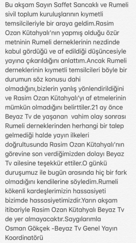 Osman Gökçek: Rasim Ozan Kütahyalı Beyaz TV'de olmayacak