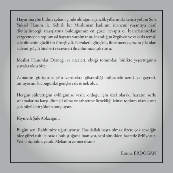 Emine Erdoğan, Şule Yüksel Şenler için mesaj yayınladı