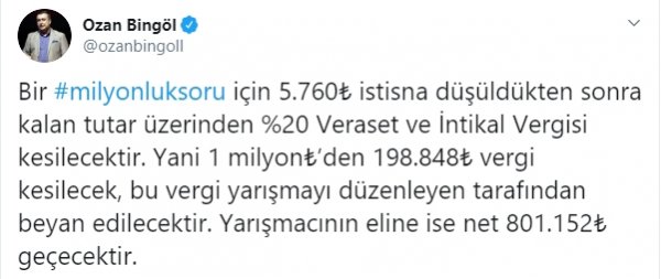 1 milyon liralık ödülün vergisi