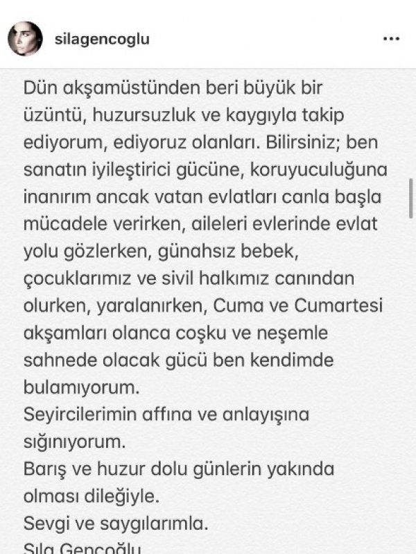 Sıla, harekat nedeniyle programlarını iptal etti