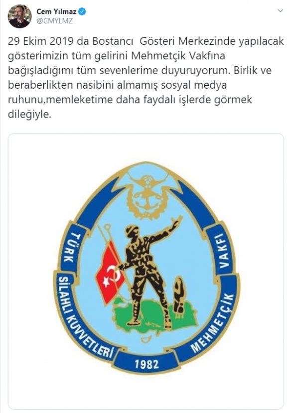 Cem Yılmaz, Mehmetçik Vakfı'na bağış yapacak