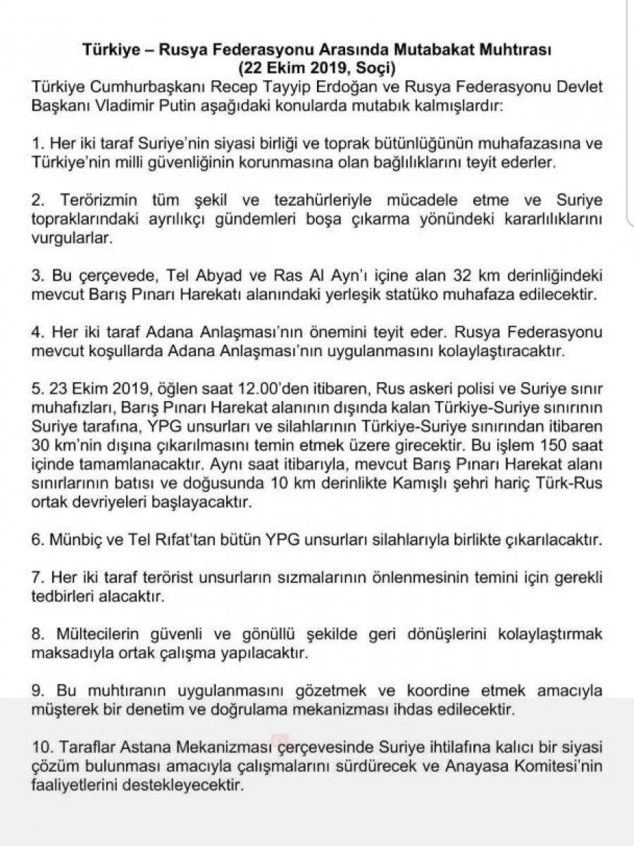 Rusya ile Türkiye'nin 10 maddelik Suriye mutabakatı