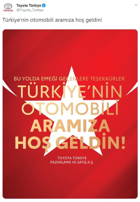 Toyota'dan yerli otomobil için kutlama mesajı