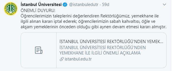 İstanbul Üniversitesi yemekhane kararını iptal etti