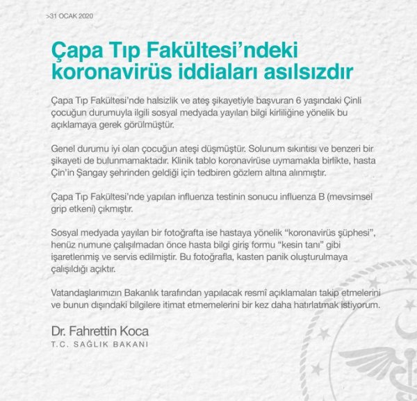 Sağlık Bakanı, Çapa'daki Çinli çocuk hakkında konuştu