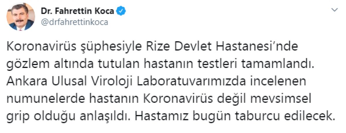 Bakan Koca: Rize'deki hasta koronavirüs değil