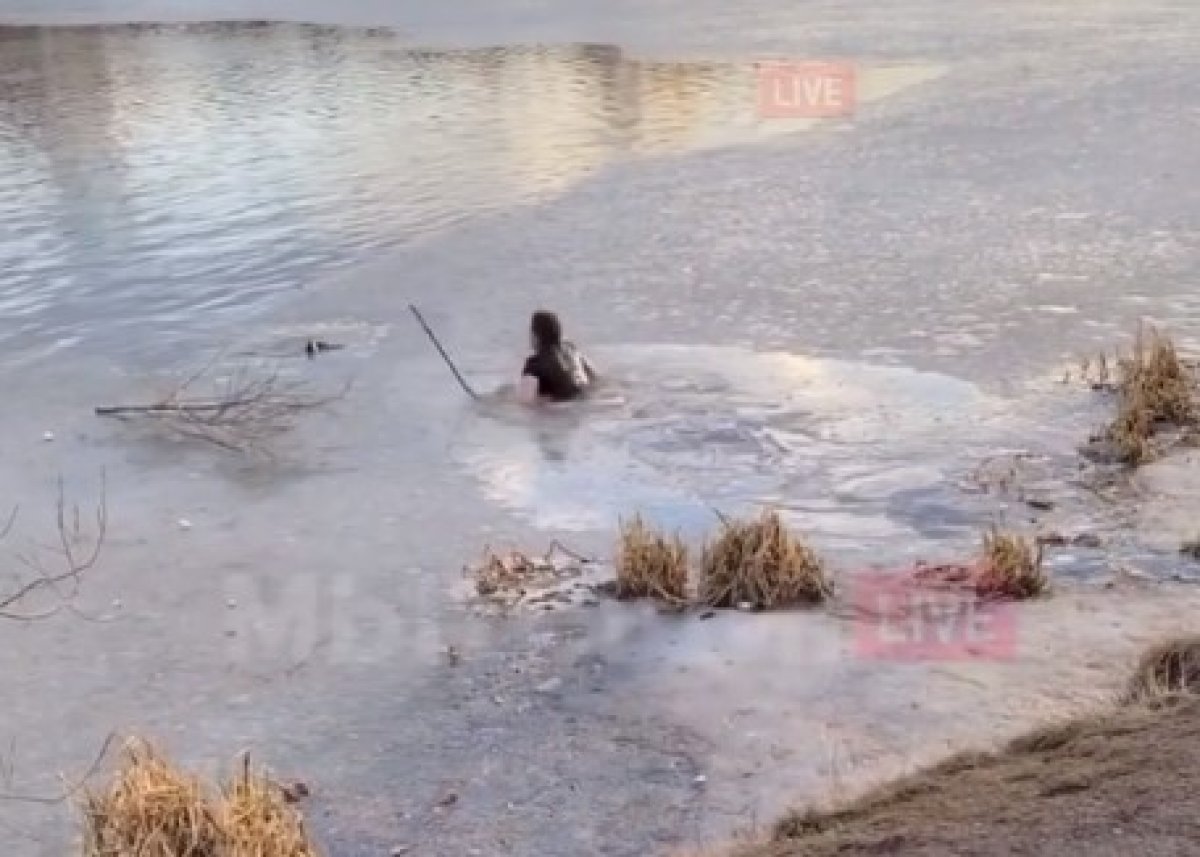 Rus kadın buzları kırarak köpeği kurtardı