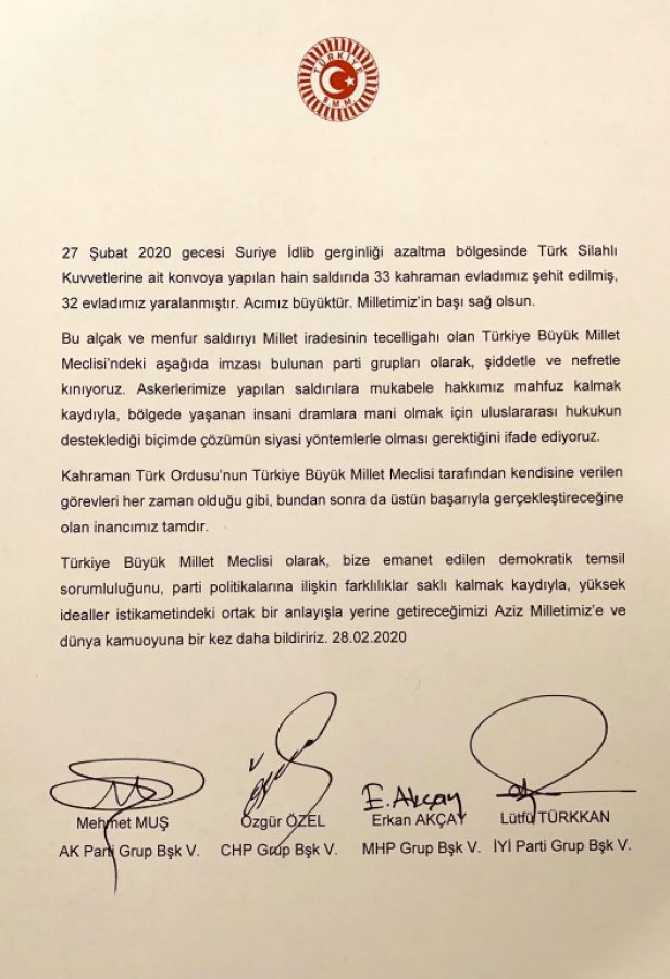 TBMM'den ortak bildiriyle İdlib saldırısı kınandı