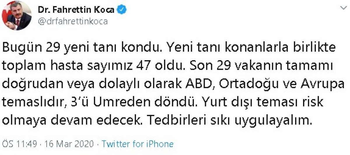 Sağlık Bakanı Koca: Koronavirüs vaka sayısı 47’ye yükseldi
