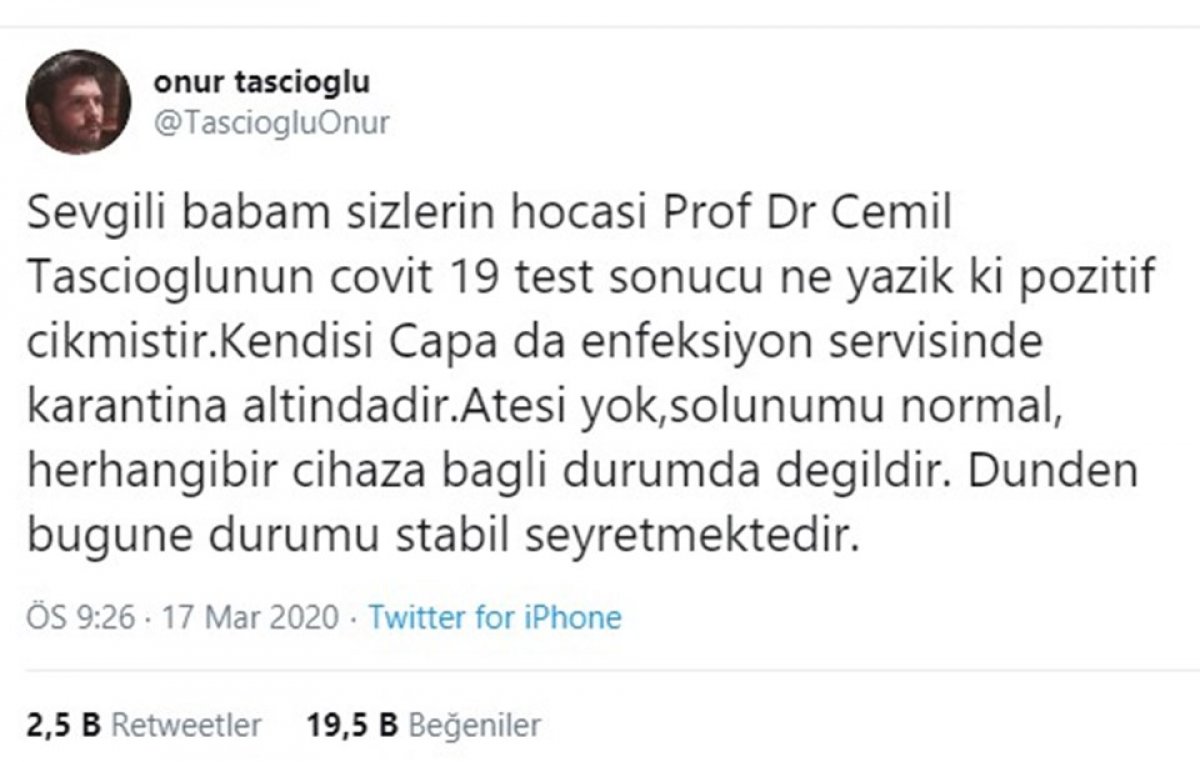 Dahiliye profesörünün korona testi pozitif çıktı