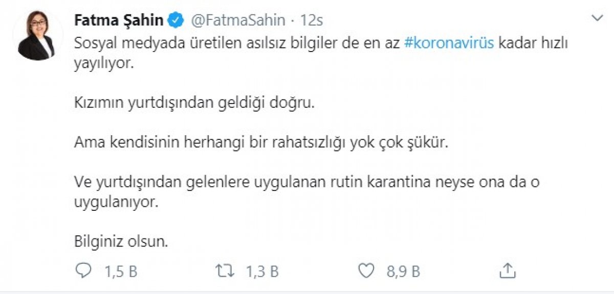 Fatma Şahin'in ABD'den gelen kızı karantinaya alındı