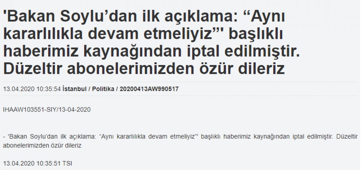 İHA, Süleyman Soylu haberini geri çekti