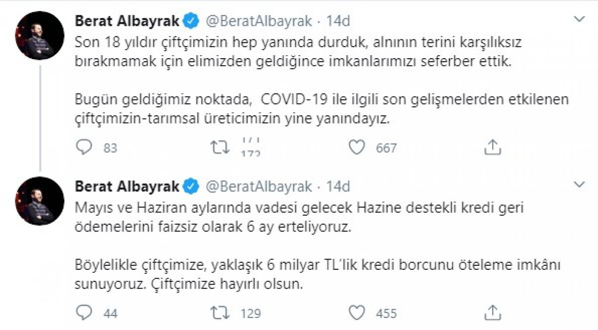 Bakan Albayrak: Çiftçilerin kredileri 6 ay ertelenecek